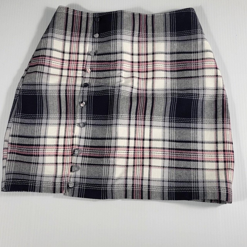 Blue Rain Plaid Mini Skirt Front Above Knee Skater A Line Blk.Pink White size xs - Picture 1 of 7